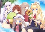  5girls :d air bat_hair_ornament black_skirt blue_eyes blue_sky brown_eyes brown_hair buttons character_request charlotte_(anime) clannad copyright_request cross dango_daikazoku day flower furukawa_nagisa hair_ornament hair_ribbon hand_up holding holding_flower kamio_misuzu key_(company) little_busters!! long_hair long_sleeves looking_at_viewer lying multiple_girls noala-sousaku noumi_kudryavka on_stomach open_mouth outdoors purple_hair red_neckwear red_shirt ribbon school_uniform shirt short_sleeves sitting skirt sky smile stuffed_toy sunflower tomori_nao tree white_headwear white_ribbon white_shirt 