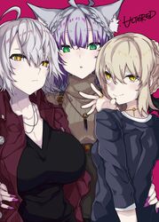  3girls :o absurdres ahoge animal_ear_fluff animal_ears artoria_pendragon_(all) atalanta_(alter)_(fate) atalanta_(fate) bangs black_sweater braid breasts brown_jacket brown_sweater cat_ears closed_mouth commentary_request eyebrows_visible_through_hair fate/apocrypha fate/grand_order fate/stay_night fate_(series) fingernails green_eyes grey_hair hair_between_eyes highres jacket jeanne_d&#039;arc_(alter)_(fate) jeanne_d&#039;arc_(fate)_(all) jewelry kirishina_(raindrop-050928) large_breasts light_brown_hair looking_at_viewer looking_back multicolored_hair multiple_girls nail_polish open_clothes open_jacket parted_lips pink_nails purple_hair red_background ribbed_sweater ring saber_alter short_sleeves sidelocks signature simple_background slit_pupils smile streaked_hair sweater thick_eyebrows turtleneck turtleneck_sweater yellow_eyes 