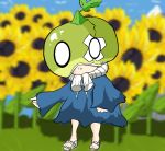  1girl dr._stone flower food fruit full_body helmet loli long_skirt long_sleeves looking_at_viewer melon sandals skirt solo standing suika_(dr.stone) sunflower watermelon 