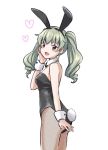  1girl anchovy animal_ears bangs black_legwear black_leotard black_neckwear bunny_tail bunnysuit collar commentary cowboy_shot detached_collar drill_hair eyebrows_visible_through_hair fake_animal_ears fake_tail fishnet_legwear fishnets from_side girls_und_panzer green_hair hand_on_own_face heart katakori_sugita leotard long_hair looking_at_viewer looking_back open_mouth pantyhose rabbit_ears red_eyes simple_background smile solo standing strapless strapless_leotard tail twin_drills twintails white_background white_collar wrist_cuffs 