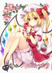  1girl apple arms_up barefoot blonde_hair bloomers commentary_request cravat crossed_ankles diagonal-striped_background diagonal_stripes expressionless eyebrows_visible_through_hair flandre_scarlet floral_background flower food frilled_skirt frills fruit hair_between_eyes hat hat_ribbon highres holding holding_food holding_fruit knees_up laevatein_(tail) looking_at_viewer mob_cap puffy_short_sleeves puffy_sleeves red_eyes red_skirt red_vest ribbon ruhika shirt short_hair short_sleeves side_ponytail sitting skirt solo striped striped_background tail touhou underwear vest white_headwear white_shirt wings wrist_cuffs yellow_neckwear 