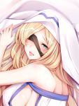 1girl bakugadou bare_shoulders blindfold blindfold_slip blonde_hair blush breasts commentary_request dress eyebrows_visible_through_hair goblin_slayer! large_breasts long_hair sideboob solo sword_maiden white_headwear