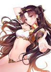  1girl absurdres arm_behind_head armlet asymmetrical_clothes bandeau bow brown_hair detached_sleeves earrings eyebrows_visible_through_hair fate/grand_order fate_(series) finger_gun ggatip hair_bow highres hoop_earrings ishtar_(fate/grand_order) jewelry long_hair looking_at_viewer navel panties pointing red_eyes simple_background smile solo two_side_up underwear very_long_hair white_background 