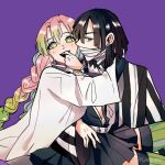  1boy 1girl black_hair braiding_hair character_name closed_mouth covered_mouth finger_in_mouth green_eyes hairdressing japanese_clothes kanroji_mitsuri kiagumo kimetsu_no_yaiba lips long_hair looking_at_viewer multicolored_hair obanai_iguro open_mouth pink_hair purple_background short_hair smile twitter_username 