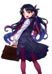  1girl bag black_hair bow commentary_request fate/grand_order fate_(series) hair_bow highres ishtar_(fate/grand_order) long_hair matsuryuu multicolored_hair one_eye_closed pantyhose pleated_skirt red_eyes redhead school_bag school_uniform skirt space_ishtar_(fate) two-tone_hair white_background 