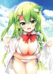  1girl alternate_hairstyle bangs bikini blue_sky blush bow bowtie breasts clouds commentary_request cowboy_shot day eyebrows_visible_through_hair frog_hair_ornament green_eyes green_hair hair_between_eyes hair_ornament hair_tubes hairclip highres kochiya_sanae large_breasts leaning_forward long_hair long_sleeves looking_at_viewer maturiuta_sorato navel one_side_up open_clothes open_mouth open_shirt outdoors red_bow red_neckwear shirt side-tie_bikini sidelocks sky smile snake_hair_ornament solo sparkle standing star star-shaped_pupils star_hair_ornament stomach swimsuit symbol-shaped_pupils thighs touhou very_long_hair white_bikini white_shirt 