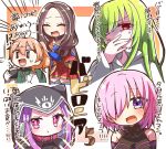  1boy 1other 3girls :d :t ^_^ bangs bare_shoulders black_leotard blue_legwear blush breasts brown_hair closed_eyes closed_mouth commentary_request cup disposable_cup enkidu_(fate/strange_fake) eyebrows_visible_through_hair fate/grand_order fate/strange_fake fate_(series) forehead gloves green_hair green_shirt hair_between_eyes hair_over_one_eye heterochromia holding holding_cup holding_spoon hood hood_up jako_(jakoo21) labcoat large_breasts leonardo_da_vinci_(fate/grand_order) leotard light_brown_hair long_hair looking_at_viewer mash_kyrielight medusa_(lancer)_(fate) multiple_girls open_clothes open_mouth parted_bangs pink_collar pink_hair pleated_skirt ponytail red_eyes red_skirt rider romani_archaman shirt skirt smile sparkle spoon sweat thigh-highs translation_request turn_pale violet_eyes white_gloves ||_|| 