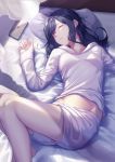  1girl bangs black_hair breasts cellphone closed_eyes curtains fifty1202 highres long_hair long_sleeves lying medium_breasts on_back original parted_lips phone pillow shirt shorts sleeping solo thighs white_shirt white_shorts 