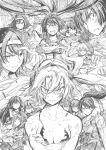  6+girls absurdres akatsuki_(kantai_collection) animal_ears bare_chest black_hair bruise_on_face clenched_teeth commentary crossed_arms flight_deck fusou_(kantai_collection) glaring glasses graphite_(medium) greyscale gunbuster_pose hachimaki headband headgear hibiki_(kantai_collection) highres houshou_(kantai_collection) hyuuga_(kantai_collection) ikazuchi_(kantai_collection) inazuma_(kantai_collection) ise_(kantai_collection) japanese_clothes kantai_collection kimono kitakami_(kantai_collection) kojima_takeshi looking_at_viewer monochrome multiple_girls musashi_(kantai_collection) navel ooi_(kantai_collection) ponytail rabbit_ears rensouhou-chan sailor_collar serious shimakaze_(kantai_collection) teeth toned top_wo_nerae! traditional_media twintails white_hair yamashiro_(kantai_collection) yamato_(kantai_collection) 