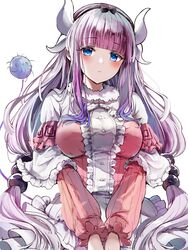  1girl absurdres bangs blue_eyes blunt_bangs blush breasts capelet eyebrows_visible_through_hair hair_ribbon highres horns kanna_kamui kobayashi-san_chi_no_maidragon large_breasts long_hair long_sleeves looking_at_viewer low-tied_long_hair older purple_hair ribbon sak_(lemondisk) solo tail twintails upper_body v_arms 