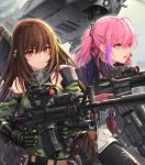  2girls aircraft ar-15 arm_strap assault_rifle asymmetrical_pants baek_hyang bangs black_gloves black_pants blue_eyes breasts brown_eyes brown_hair ch-53 city close-up closed_mouth clouds cloudy_sky commentary_request detached_sleeves dual_wielding finger_on_trigger floating_hair gas_mask girls_frontline glint gloves green_hair green_sweater gun hair_between_eyes helicopter highres holding holding_gun holding_weapon jacket long_hair looking_at_viewer m4_carbine m4a1_(girls_frontline) magazine_(weapon) mod3_(girls_frontline) multicolored_hair multiple_girls open_mouth outdoors pants pink_hair ponytail pouch ribbed_sweater rifle running sidelocks sky snap-fit_buckle st_ar-15_(girls_frontline) streaked_hair suppressor sweater sweater_vest thigh_strap weapon weapon_bag wind 