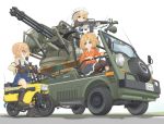  3girls aa_gun arm_garter assault_rifle beret black_footwear black_gloves blonde_hair blue_eyes blue_skirt boots car eyebrows_visible_through_hair gloves green_eyes ground_vehicle gun hair_ornament hair_tie hairclip hat highres holding holding_weapon honda honda_motocompo honda_vamos jacket light_brown_hair logo long_sleeves looking_at_another m16 m167_vads m61_vulcan mikeran_(mikelan) military military_vehicle miniskirt motor_vehicle multiple_girls orange_jacket original pleated_skirt ribbed_shirt riding rifle school_uniform serafuku shirt short_hair simple_background single_horizontal_stripe sitting skirt suspender_skirt suspenders turtleneck van weapon weapon_request white_background white_headwear white_shirt 