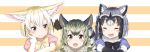  3girls :d ^_^ absurdres animal_ear_fluff animal_ears bangs black_hair black_neckwear blonde_hair bow bowtie brown_eyes closed_eyes commentary_request common_raccoon_(kemono_friends) degu_(kemono_friends) elbow_gloves extra_ears eyebrows_visible_through_hair fang fennec_(kemono_friends) fox_ears fox_tail fur_collar gloves green_hair grey_hair highres kemono_friends kiki_okina looking_at_another looking_at_viewer multicolored_hair multiple_girls open_mouth puffy_short_sleeves puffy_sleeves raccoon_ears raccoon_tail short_hair short_sleeves simple_background smile striped striped_background tail two-tone_hair white_hair yellow_neckwear 