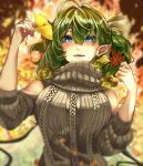  1girl ahoge alternate_costume asymmetrical_hair autumn_leaves bare_shoulders blue_eyes bow braid breasts crown_braid daiyousei eyebrows_visible_through_hair fingernails green_hair hair_between_eyes hair_bow hands_up high_collar highres holding holding_leaf leaf long_sleeves looking_at_viewer lunateelf medium_hair open_mouth pointy_ears shoulder_cutout side_ponytail solo sweater touhou upper_body 