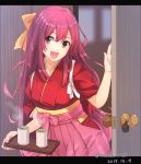  1girl commentary_request cowboy_shot cup dated door doorknob hakama highres japanese_clothes kamikaze_(kantai_collection) kantai_collection kimono letterboxed long_hair looking_at_viewer medara meiji_schoolgirl_uniform open_mouth pink_hakama purple_hair red_kimono smile solo tasuki tray twitter_username violet_eyes yunomi 