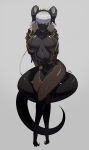  1girl bangs black_horns black_skin breasts breasts_apart colored_skin full_body fur_trim grey_background grey_hair highres horns large_breasts original signature simple_background sitting solo tail ub1mo yellow_eyes 