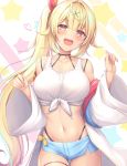  1girl ahoge blonde_hair blue_shorts blush breasts collarbone cowboy_shot crop_top front-tie_top hair_ornament hair_ribbon heart heterochromia highleg highleg_panties hoshikawa_sara jacket jacket_removed large_breasts long_hair long_sleeves looking_at_viewer mutsuba_fumi navel nijisanji off_shoulder open_mouth panties panty_straps red_eyes ribbon shirt short_shorts shorts side_ponytail sleeveless sleeveless_shirt solo standing star thighs underwear very_long_hair virtual_youtuber white_jacket white_shirt x_hair_ornament yellow_eyes 