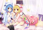  2girls :d :o animal_ears animal_hood bangs bat_wings bell black_legwear blonde_hair blue_bow blue_choker blue_hair blue_jacket blue_shorts blush bow breasts camisole cat_ears cat_hood cat_tail choker claw_pose commentary_request crystal curtains eyebrows_visible_through_hair fake_tail feet_out_of_frame flandre_scarlet hand_up highres hood indoors jacket jingle_bell long_sleeves looking_at_viewer midriff multiple_girls no_shoes open_clothes open_jacket open_mouth panties pillow pink_bow pink_choker pink_jacket red_eyes remilia_scarlet ruhika short_hair short_shorts shorts siblings sisters sitting small_breasts smile sparkle star tail tail_bell tail_bow thigh-highs thighs touhou underwear wariza white_legwear white_panties window wings 