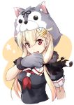  1girl black_ribbon black_scarf black_serafuku blonde_hair commentary_request fang gloves hair_flaps hair_ornament hairclip highres kantai_collection long_hair looking_at_viewer minosu neckerchief open_mouth paw_gloves paws red_eyes red_neckwear remodel_(kantai_collection) ribbon scarf school_uniform serafuku solo two-tone_background upper_body white_background wolf_hood yuudachi_(kantai_collection) 