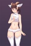 1girl :o animal_ears ass_visible_through_thighs bangs bare_arms bare_shoulders blunt_bangs brown_hair commentary ear_tag english_commentary eyebrows_visible_through_hair fur groin hand_on_own_chest highres horizontal_pupils horns iwbitu-sa looking_at_viewer navel original sheep_ears sheep_girl sheep_horns short_hair simple_background solo stomach upper_teeth white_fur 
