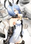  1girl armpit_crease azur_lane blue_hair boots breasts closed_mouth commentary_request cross cross_choker dress from_side gascogne_(azur_lane) gauntlets looking_at_viewer medium_breasts rigging rusi see-through simple_background solo strapless strapless_dress thigh-highs thigh_boots white_background white_dress yellow_eyes 