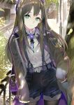  119 1girl bangs black_legwear black_ribbon black_shorts blue_eyes brown_hair closed_mouth coat contrapposto cowboy_shot day floating_hair grey_coat grey_shirt hand_in_pocket highres idolmaster idolmaster_cinderella_girls legwear_under_shorts long_hair looking_at_viewer neck_ribbon open_clothes open_coat outdoors pantyhose purple_belt ribbon shibuya_rin shiny shiny_hair shirt short_shorts shorts smile solo standing straight_hair suspender_shorts suspenders very_long_hair 