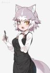  1girl :3 :d alternate_costume animal_ear_fluff animal_ears bangs black_vest blue_eyes dog_(mixed_breed)_(kemono_friends) dog_ears dog_girl dog_tail eyebrows_visible_through_hair fang gloves grey_background grey_hair hand_on_own_chest heterochromia kemono_friends looking_at_viewer multicolored_hair nyifu open_mouth pen shirt short_hair simple_background smile solo tail twitter_username two-tone_hair uniform vest waiter white_gloves white_hair white_shirt wing_collar yellow_eyes 