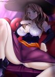  1girl absurdres breasts brown_hair couch dorothea_arnault dress fire_emblem fire_emblem:_three_houses green_eyes hat highres large_breasts long_hair parted_lips sitting solo spread_legs vilde_loh_hocen watermark web_address witch_hat 