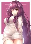  1girl arms_behind_back bangs beige_sweater blush border breasts fate/grand_order fate_(series) hair_between_eyes hair_intakes hane_yuki highres large_breasts long_hair long_sleeves looking_at_viewer one_eye_closed open_mouth purple_background purple_hair red_eyes ribbed_sweater scathach_(fate)_(all) scathach_(fate/grand_order) simple_background solo sweater thighs turtleneck turtleneck_sweater white_border 