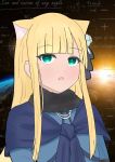  1girl animal_ear_fluff animal_ears atsumisu bangs black_ribbon blonde_hair blue_dress cat_ears commentary_request dress eyebrows_visible_through_hair fate/grand_order fate_(series) flower green_eyes hair_flower hair_ornament hair_ribbon kemonomimi_mode long_hair parted_lips reines_el-melloi_archisorte ribbon rose solo 