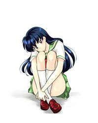  1girl blue_hair blush brown_eyes closed_mouth collared_shirt daytodaydesire floating_hair full_body green_sailor_collar green_skirt head_tilt higurashi_kagome inuyasha kneehighs leg_hug loafers long_hair looking_at_viewer miniskirt neckerchief pleated_skirt red_footwear red_neckwear sailor_collar sailor_shirt school_uniform serafuku shiny shiny_hair shirt shoes short_sleeves simple_background sitting skirt solo straight_hair very_long_hair white_background white_legwear white_shirt 