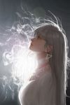  1girl absurdres backlighting choker earrings from_side grey_eyes highres huge_filesize jewelry lips long_hair looking_up original profile silver_hair smoke solo upper_body usukuchi_(impasto_life) white_choker 