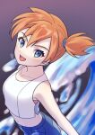  1girl :d bangs blue_shorts commentary_request eyelashes green_eyes hair_tie highres misty_(pokemon) navel open_mouth orange_hair pokemon pokemon_(game) pokemon_lgpe shirt short_hair shorts side_ponytail signature sleeveless sleeveless_shirt smile solo tied_hair tongue wakame1441 water white_shirt 