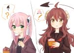  2girls ahoge black_serafuku blush brown_hair chiyoda_momo demon_girl demon_horns demon_tail eyebrows_visible_through_hair food fruit hair_ornament horns kuramoto_takato long_hair machikado_mazoku multiple_girls open_mouth peach ponytail school_uniform serafuku shiny shiny_hair simple_background spoon sweater tail yoshida_yuuko_(machikado_mazoku) younger 