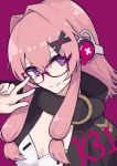  1girl character_name coat girls_frontline glasses hair_ornament hairclip highres k31_(girls_frontline) long_hair papaia_(quentingqoo) pink_hair smile solo violet_eyes 