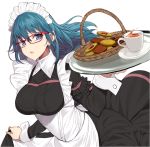  1girl alternate_costume apron basket bespectacled black_dress blue_eyes blue_hair blush breasts byleth_(fire_emblem) byleth_eisner_(female) cup dress enmaided fire_emblem fire_emblem:_three_houses frilled_apron frilled_dress frills glasses highres holding holding_tray large_breasts long_hair long_sleeves looking_at_viewer maid maid_headdress parted_lips red-framed_eyewear saucer simple_background skirt_hold smile solo tea teacup tray underbust white_apron white_background wrist_cuffs yappen 