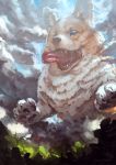  animal assasinmonkey blue_sky clouds cloudy_sky day dog fantasy grass highres jumping mountain no_humans original outdoors oversized_animal river sky solo tongue tongue_out tree water 