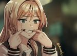  1girl an-94_(girls_frontline) blonde_hair blurry blurry_background commentary_request face fingersmile girls_frontline green_eyes korean_commentary long_hair long_sleeves o.k.corral solo tears teeth twitter_username 