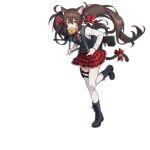  1girl alternate_costume animal_ear_fluff animal_ears assault_rifle backpack bag bangs bell blue_footwear blue_vest blush boots breasts brown_eyes brown_hair cat_ears collared_shirt double-breasted eyebrows_visible_through_hair fang food food_in_mouth full_body girls_frontline gun hair_bell hair_ornament hair_ribbon jingle_bell long_hair long_sleeves looking_at_viewer mouth_hold nagu necktie official_art petticoat qbz-97_(girls_frontline) red_neckwear red_ribbon red_skirt ribbon rifle running school_bag school_uniform shirt skin_fang skirt thigh-highs thigh_strap toast toast_in_mouth transparent_background twintails very_long_hair vest weapon white_legwear white_shirt zettai_ryouiki 