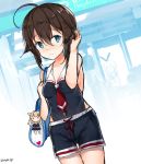  1girl adapted_costume ahoge black_hair black_shorts blue_eyes braid casual_one-piece_swimsuit character_doll commentary_request cowboy_shot hair_flaps hair_over_shoulder highres kagura_miyabi kantai_collection one-piece_swimsuit remodel_(kantai_collection) shigure_(kantai_collection) shorts single_braid solo swimsuit twitter_username yuudachi_(kantai_collection) 