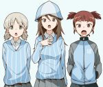  3girls aki_(girls_und_panzer) aokaze_(mimi_no_uchi) arms_behind_back bangs blue_background blue_headwear blue_jacket blue_shirt blue_skirt blunt_bangs bright_pupils brown_eyes brown_hair commentary dress_shirt emblem eyebrows_visible_through_hair girls_und_panzer green_eyes grey_skirt hair_tie hand_on_own_chest hands_in_pockets hat jacket keizoku_military_uniform keizoku_school_uniform light_brown_hair long_hair long_sleeves looking_at_viewer mika_(girls_und_panzer) mikko_(girls_und_panzer) military military_uniform multiple_girls music open_mouth pleated_skirt raglan_sleeves red_eyes redhead school_uniform shirt short_hair short_twintails simple_background singing skirt standing striped striped_shirt track_jacket twintails uniform vertical-striped_shirt vertical_stripes white_pupils white_shirt wing_collar 