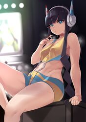  1boy 1girl backlighting bangs bare_shoulders bike_shorts black_hair blue_eyes blue_shorts blunt_bangs blush breasts crop_top eyeliner gym_leader headphones kamitsure_(pokemon) knee_up kyouhei_(pokemon) looking_at_viewer makeup medium_breasts midriff moisture_(chichi) navel open_mouth pokemon pokemon_(game) pokemon_bw puckered_lips short_hair_with_long_locks short_shorts shorts sidelocks sitting solo_focus thighs yellow_tank_top 