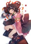  1girl absurdres asa_no_ha_(pattern) ataruman ball bamboo bit_gag box checkered_obi forehead full_body gag geta hair_ribbon haori highres japanese_clothes kamado_nezuko kimetsu_no_yaiba kimono leaf long_hair looking_at_viewer lying maple_leaf mouth_hold multicolored_hair obi pink_eyes pink_kimono pink_ribbon ribbon sash simple_background white_background 