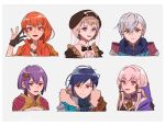  2boys 4girls ashe_ubert bernadetta_von_varley black_gloves black_hair blonde_hair blue_eyes bow brown_eyes closed_mouth earrings felix_hugo_fraldarius fire_emblem fire_emblem:_three_houses fur_trim gloves grey_background grey_hair hair_ornament hat highres jewelry leonie_pinelli long_hair lysithea_von_ordelia mercedes_von_martritz multiple_boys multiple_girls open_mouth orange_eyes orange_hair parted_lips pikapika_hoppe pink_eyes purple_hair short_hair simple_background upper_body veil white_hair 