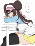 1girl alternate_breast_size black_legwear blue_eyes bow breasts brown_hair desk double_bun highres keeboo129 large_breasts long_hair looking_at_viewer mei_(pokemon) on_desk open_mouth partially_colored pink_bow pokemon pokemon_(game) pokemon_bw2 raglan_sleeves resting school_desk short_shorts shorts simple_background sitting sitting_on_desk skindentation thigh-highs twintails very_long_hair visor_cap white_background yellow_shorts 