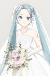  1girl agonasubi aqua_eyes aqua_hair bare_shoulders blush bouquet bridal_veil bride closed_mouth commentary dress earrings elbow_gloves flower gloves hair_flower hair_ornament hatsune_miku highres holding holding_bouquet jewelry lace lace-trimmed_dress long_hair looking_at_viewer necklace ribbon shoulder_tattoo smile solo strapless strapless_dress tattoo twintails upper_body veil very_long_hair vocaloid wedding_dress white_dress white_gloves 