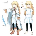  1girl blonde_hair blue_eyes cape character_request character_sheet color_guide commentary_request dagger eyebrows_visible_through_hair fantasy hood hood_down long_hair robe tsukudani_(coke-buta) weapon white_background 