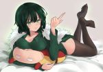  1girl bangs black_hair black_legwear blush breasts commentary_request dress fubuki_(one-punch_man) green_dress green_eyes highres large_breasts looking_at_viewer lying miso_(b7669726) on_stomach one-punch_man saitama_(one-punch_man) short_hair solo stuffed_toy thigh-highs 