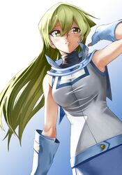  1girl armpits blue_background blue_gloves blue_skirt blush dress_shirt elbow_gloves fingerless_gloves floating_hair gloves gradient gradient_background green_eyes green_hair highres long_hair looking_to_the_side parted_lips pencil_skirt rourou_ill shiny shiny_hair shirt skirt sleeveless sleeveless_shirt solo standing tenjouin_asuka upper_body very_long_hair white_background white_shirt yuu-gi-ou yuu-gi-ou_gx 