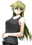  1girl bangs black_shirt breasts brown_eyes closed_mouth collarbone eyebrows_visible_through_hair green_hair hair_between_eyes highres long_hair looking_to_the_side medium_breasts rourou_ill shiny shiny_hair shirt simple_background sleeveless sleeveless_shirt smile solo standing straight_hair tenjouin_asuka upper_body very_long_hair white_background yuu-gi-ou yuu-gi-ou_gx 